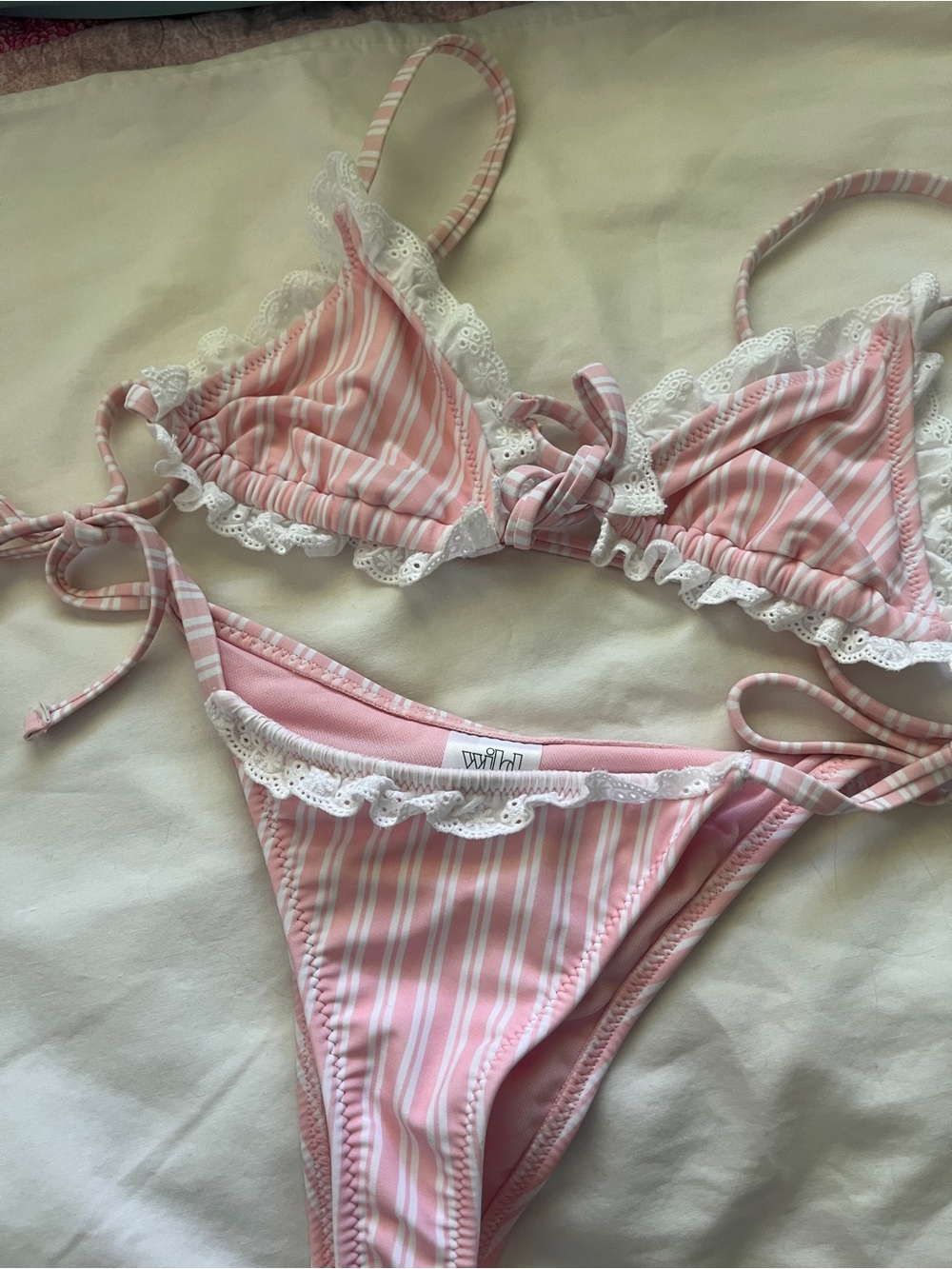 wild fable Pink & White Striped Lace-Trim Triangle Bikini
